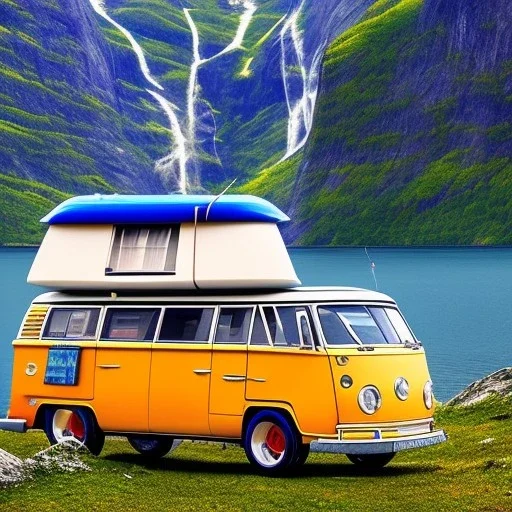 A Campervan is parking in a norwegian Fjord