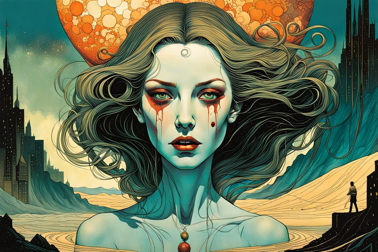 create a highly ethereal, darkly magical surrealist illustration of a vampire girl, with highly detailed and deeply cut facial features, in an otherworldly landscape, in the style of SALVADOR DALI, GUSTAV KLIMT, and KATHE KOLLWITZ combined with the comic art style of BILL SIENKIEWICZ and JEAN GIRAUD MOEBIUS, searing lines and forceful strokes, precisely drawn, inked, and darkly colored