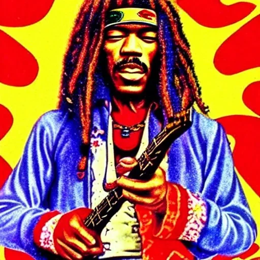 hippie JIMI HENDRIX Santa playing electric guitar, psychedelic, peace sign, MUSHROOMS, TRIPPY, ACID, LSD, dreadlocks