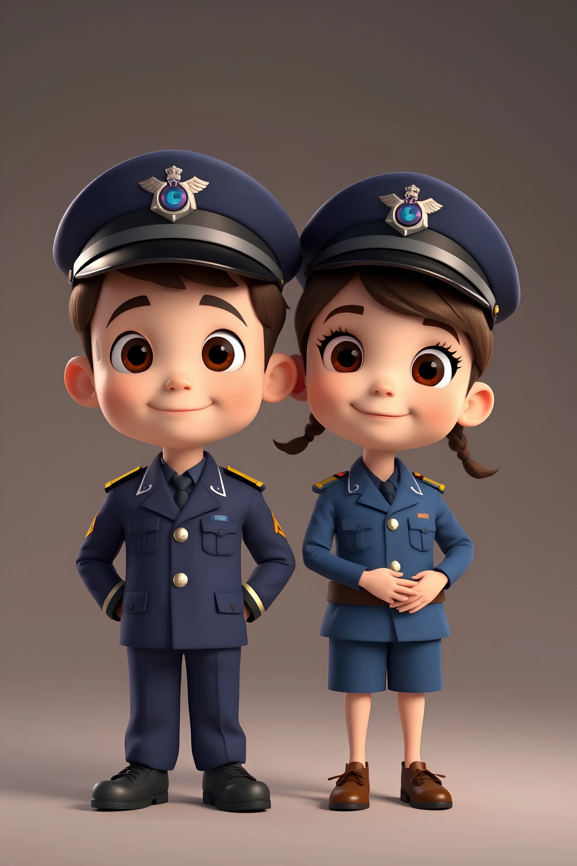 a kids boy & girl civil pilots standing wearing dark blue suit uniform in 3d animation character cartoon standing