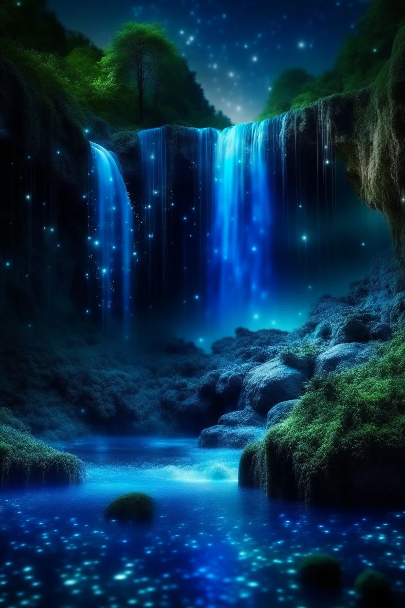 blue crystal forest with waterfalls, falling stars, aesthetically pleasing, beautiful, realistic, close-up, professional photo, 4k, high resolution, high detail, 30mm lens, 1/250s, f/2.8, ISO 100, dim lighting, soft lighting, neon lighting