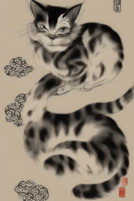 cat, Ukiyo-e painting, highly detailed, black and white