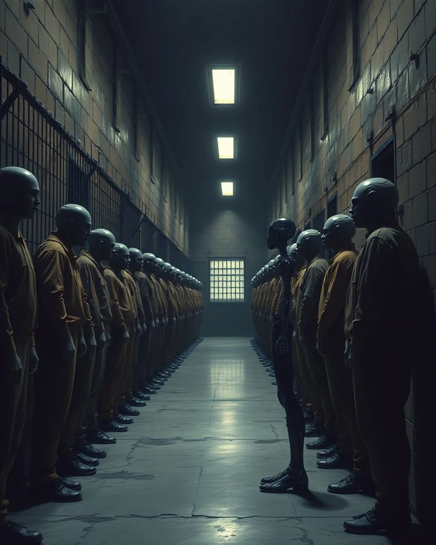Bosch painting style, nightmare , a prisoners lined up in line one after another inside a prison yard , an Ai robot is watching them , great quality picture with cinematic scenes ,