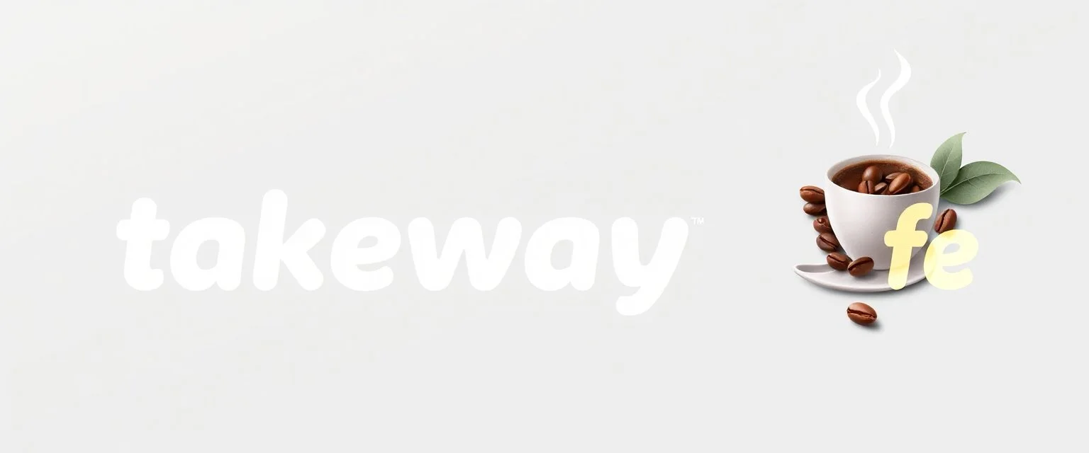 A horizontal design with the text (takeway cofe) In the middle, there is a faded design of a coffee cup and coffee beans with a gray background