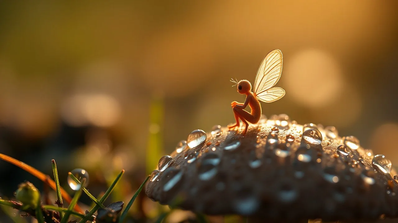 Macro photography of a tiny fairy sitting on a mushroom. Dew drops reflect the morning light.