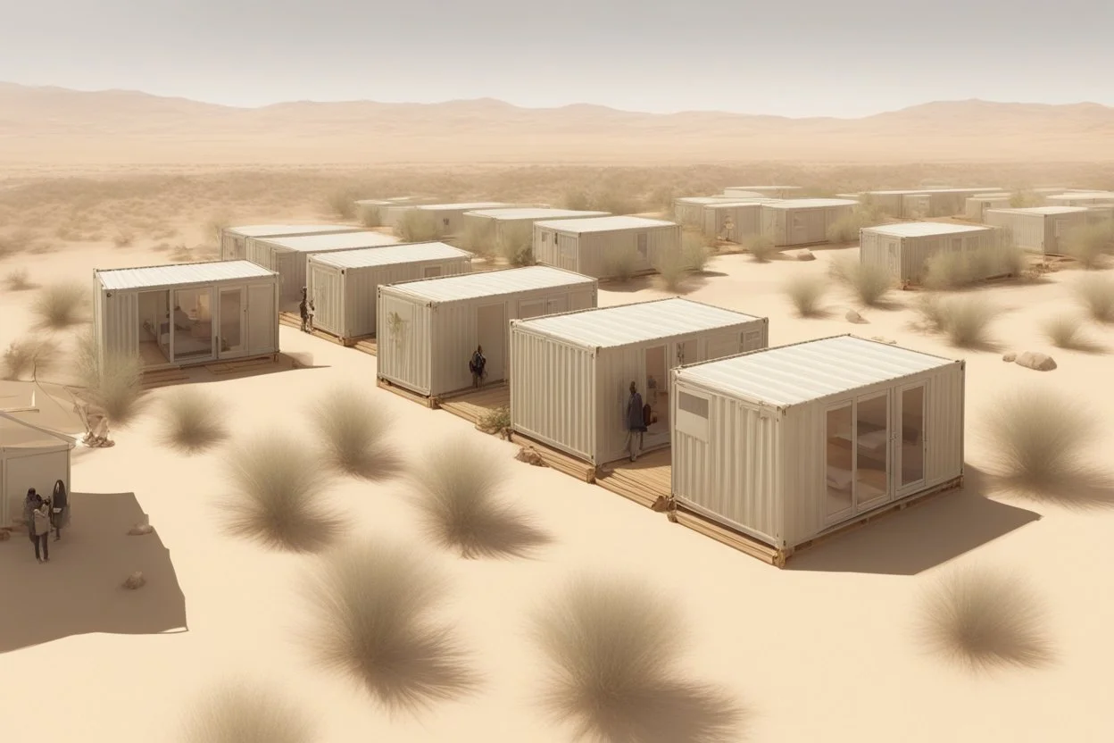 Can you please come up with a design concept for a refugee camp that houses displaces Palestinians that is Meaningful, resilient, self sufficient, safe and takes into consideration Palestinians culture and religious beliefs in the dessert using shipping containers as a base for the buildings with gardens and communal spaces