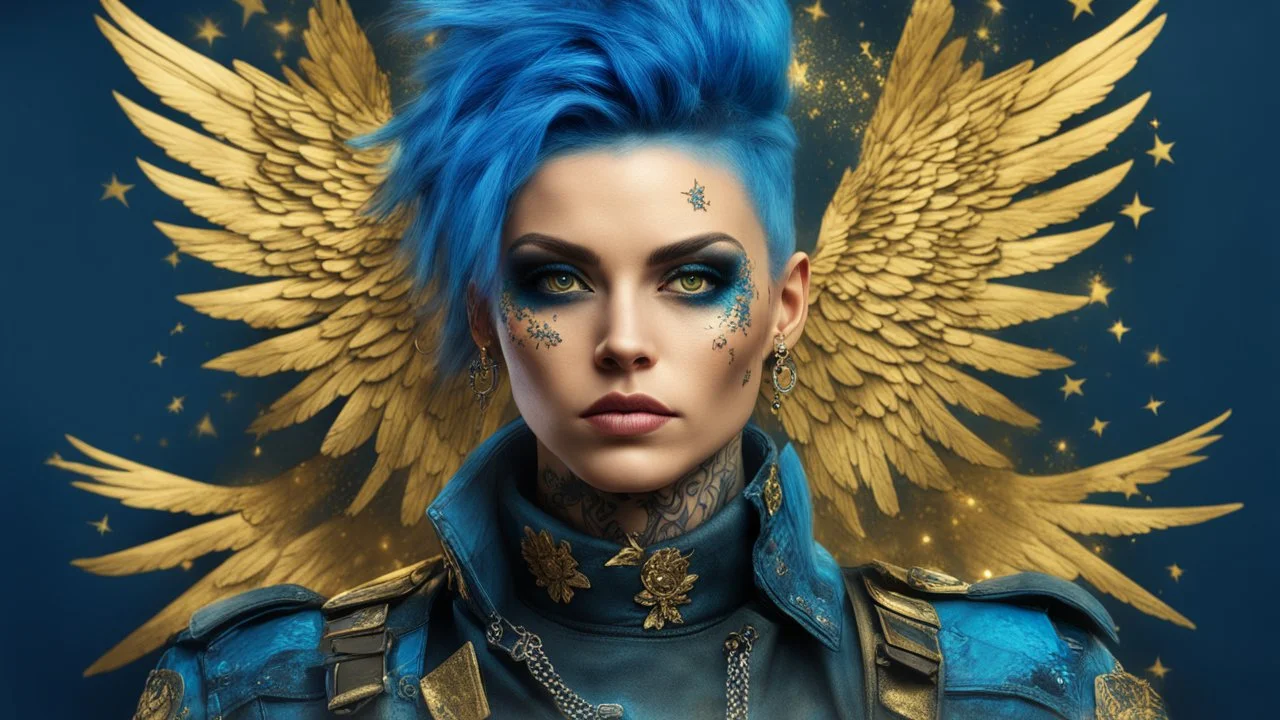 beautiful Punk woman Angel 30 years old, military clothing, mystical, bright colors, creative hairstyle, tattoo, piercing, photorealistic image, military, camouflage clothing, gold, blue, sparkles, fine rendering, high detail, 8K