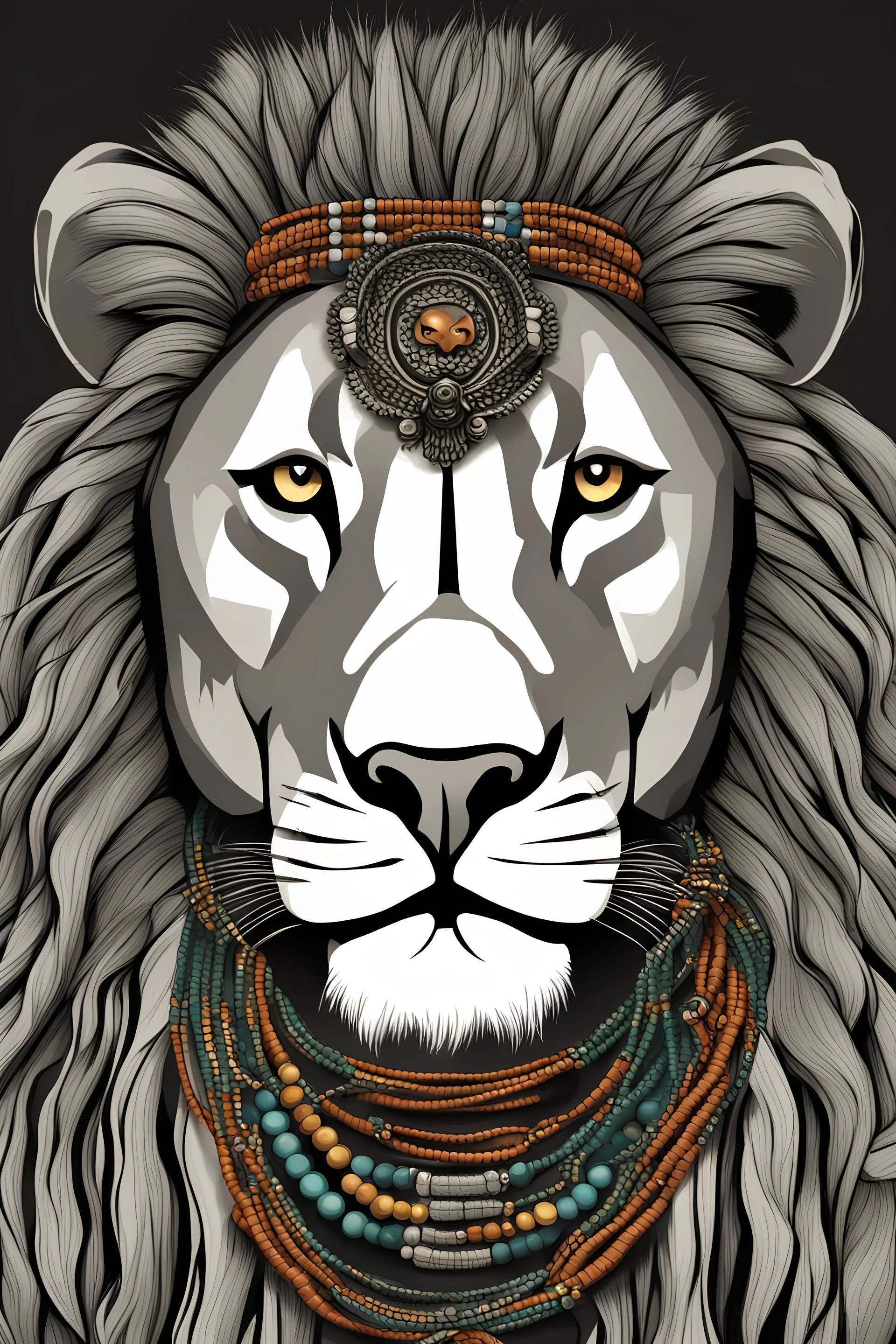 A lion with traditional african beads around its neck symbolizing tradition. Should be realistic