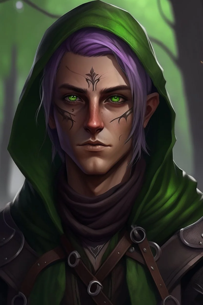 Portrait of 35 year old gender neutral rogue elf, thief assassin, mauve hair, bright green eyes, brown skin, black hood, black leather armor, messy, disheveled, trees, sneaky