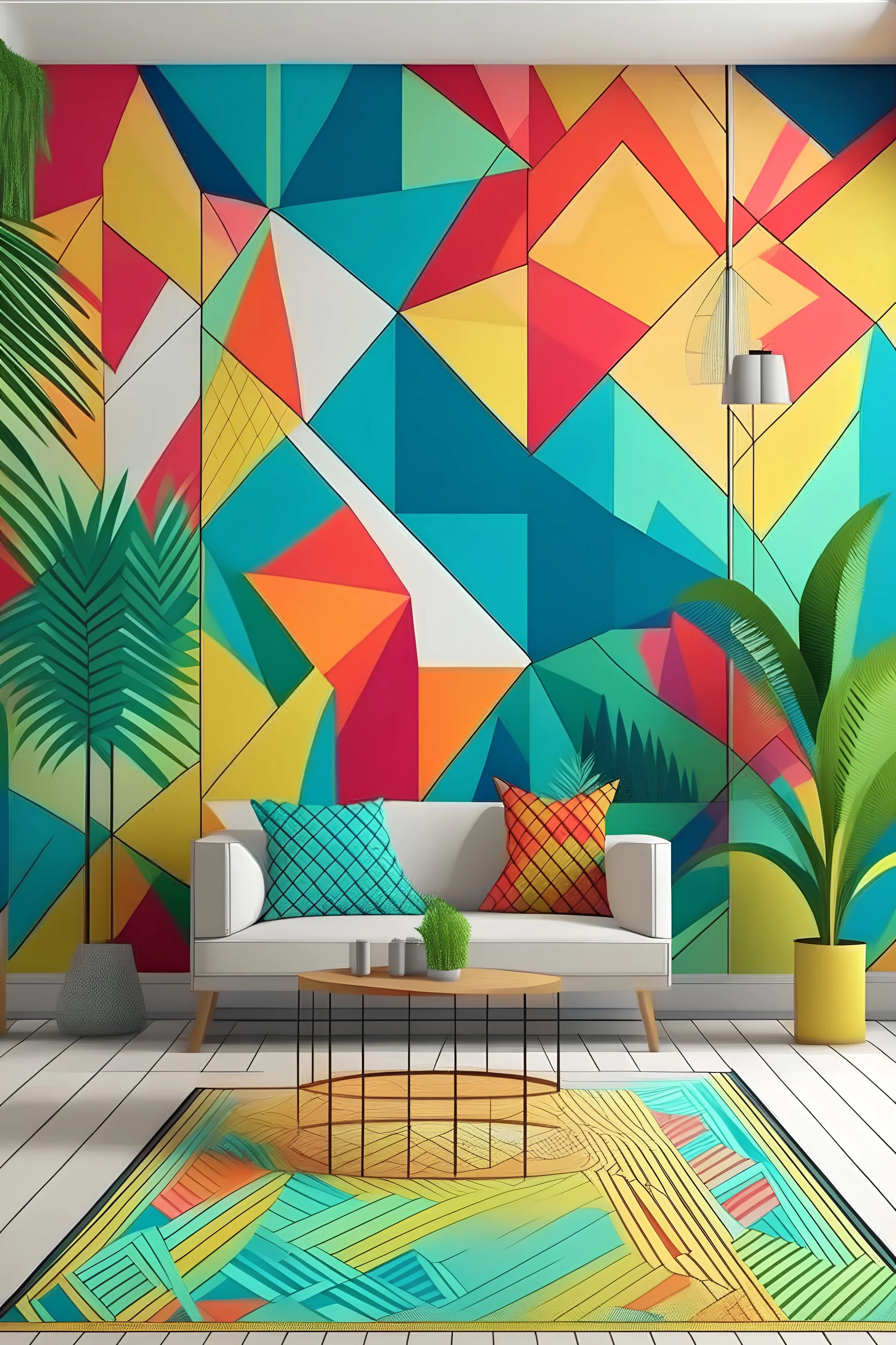 Create a handpainted geometric wall mural with playful geometric patterns in tropical punch colors. Infuse the space with the lively and bright vibes of a tropical paradise."