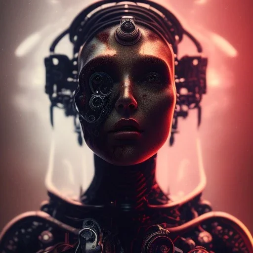 a girl with a cyborg brain and a lot of red liquid, steam punk, scary, horror, realistic, made in octane, cinematic, ultra-realistic, extremely detailed octane rendering, 8K, VRAY Super Real ar 2:3, dof photorealistic futuristic 50mm lens hard lighting dark gray tintype photograph, realistic lighting, sephia colors