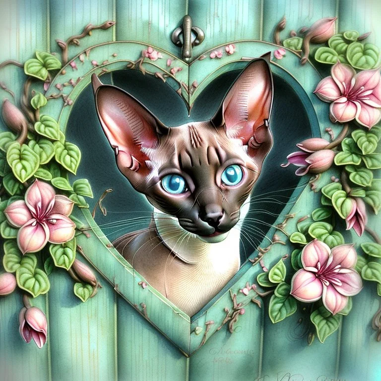 A chocolate point Oriental shorthair siamese kitten peeks out from a heart-shaped opening in a weathered turquoise door,surrounded by delicate pink flowers & green vines.The kitten's large,expressive eyes & soft fur create a charming & whimsical scene.realistic watercolor illustration vampiress, gothic attire, moonlit, alluring grin
