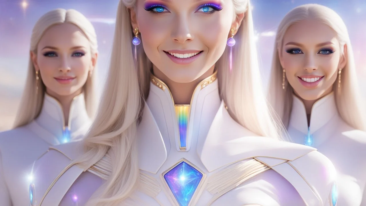 cosmic woman ,beautiful ufos rainbow, admiral from the future, galactic confédération, fine whole face, crystalline skin, expressive purple eyes,rainbow, smiling lips, very nice smile, costume pleiadian, Beautiful tall woman pleiadian Galactic commander, ship, perfect datailed golden galactic suit, high rank, long blond hair, hand whit five perfect detailed finger, amazing big puple eyes, mouth, high définition lips, cosmic happiness, bright colors