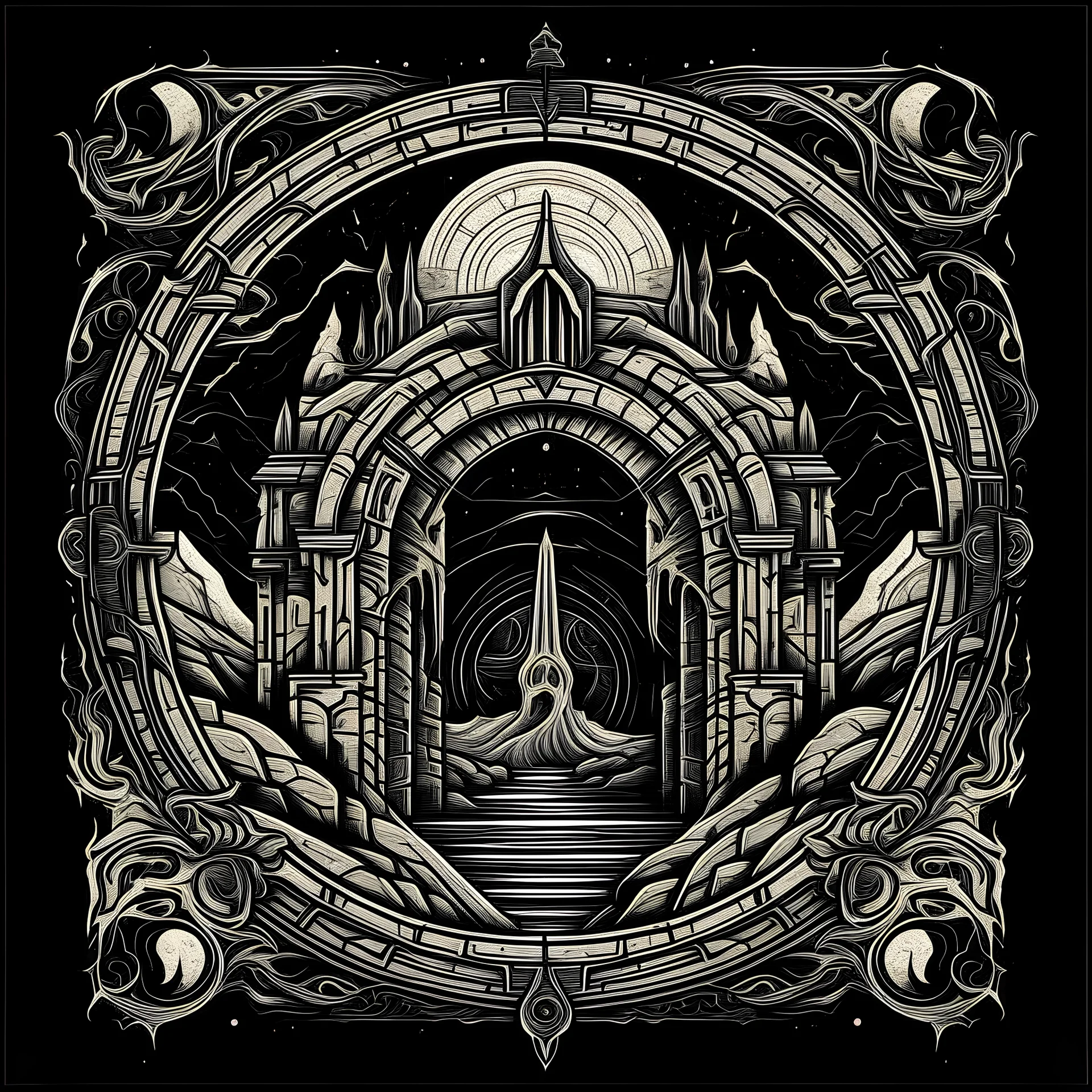 A metal band logo for The Fold Path stylized as ancient mystical ruins with gateways, dimensional rifts, and subtle occult entities threaded throughout the interconnected typography.