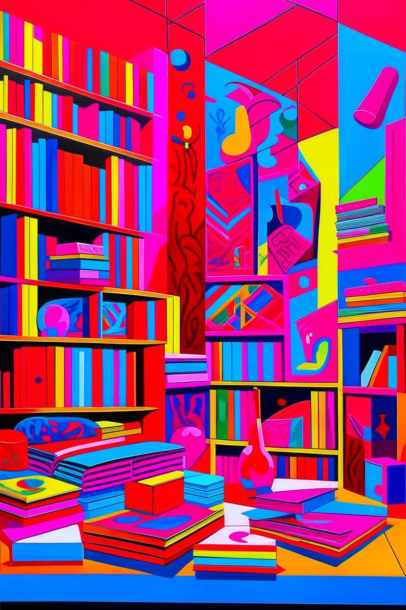 A magenta psychedelics library with telekinetic books painted by Stuart Davis