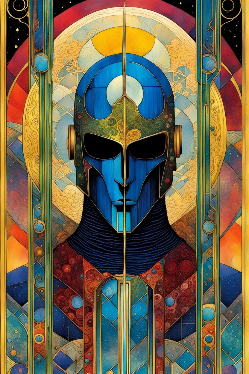 Create a chaotic abstract cubist Tarot Card depicting an ornate, The Knight of Swords , with highly detailed facial features, in the style of Bill Sienkiewicz, Philippe Druillet, Gustav Klimt, and Jean Giraud Moebius, precisely drawn, colored and inked, with ornate bordered edges