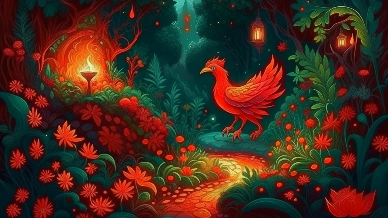 Night illustration: Magical slavic garden with lush greenery and a beautiful stone winding path. There is only one creature the Firebird. The feathers of the Firebird are vibrant red, orange, and gold, each one glowing with an otherworldly brilliance.