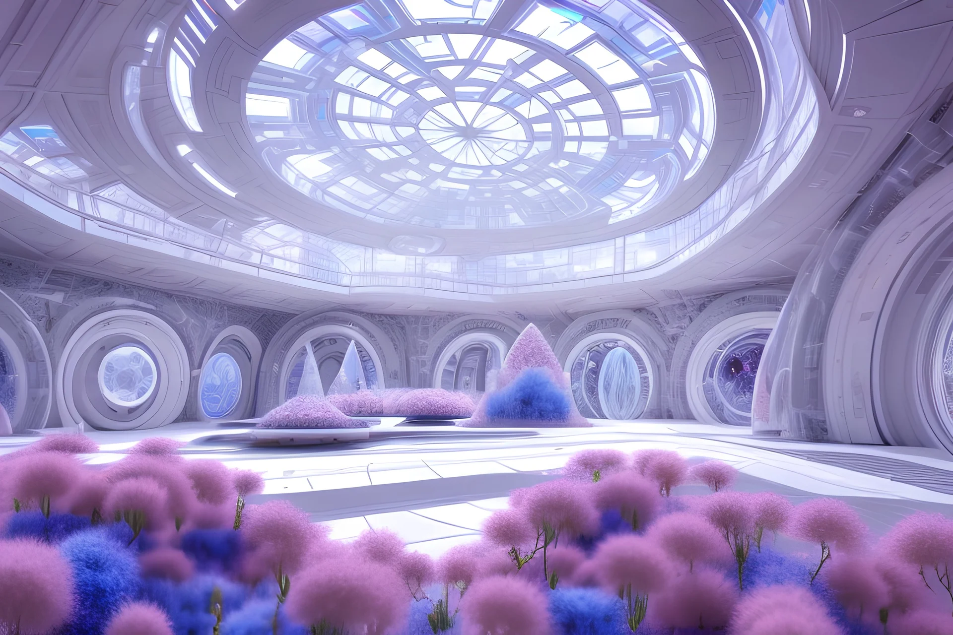 vue intérieure d'un palais blanc futuriste et de dômes transparents en cristal avec architecture futuriste dans un vent de fleurs roses cosmiques , ciel bleu, +++ beaucoup de fines fleurs subtiles blanches roses bleues non alignées 8K