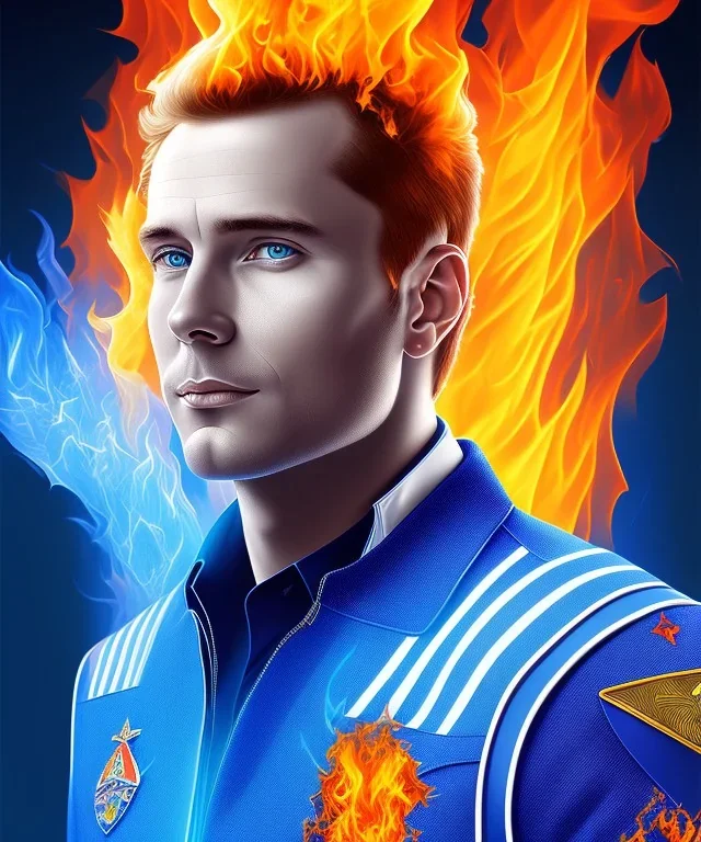 A portrait of Mr hot flames ,white and blue