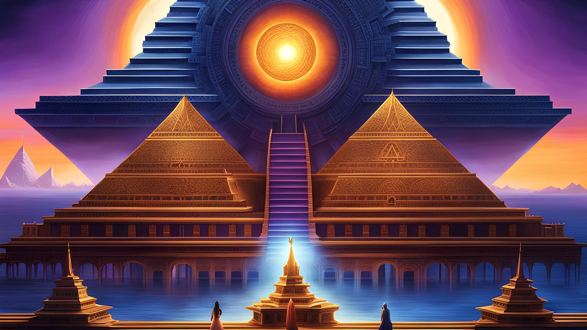 centered, an extraordinary view of an otherworldly alien dark blue pyramid palace with a large sun symbol at its peak, surrounded by ocean, A queen of a strange extraterrestrial race standing in the foreground, deep blue purple, detailed matte painting hyperdetailed intricately detailed dynamic lighting concept art detailed painting digital art 64 megapixels elemental ethereal fantastical magnificent meticulous mysterious photorealistic radiant