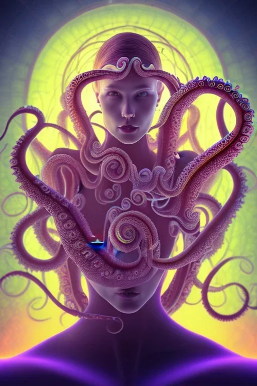 Spiritual being with Tentacles over human Head creating reality around, wrapping Spiral around people, Psychedelic