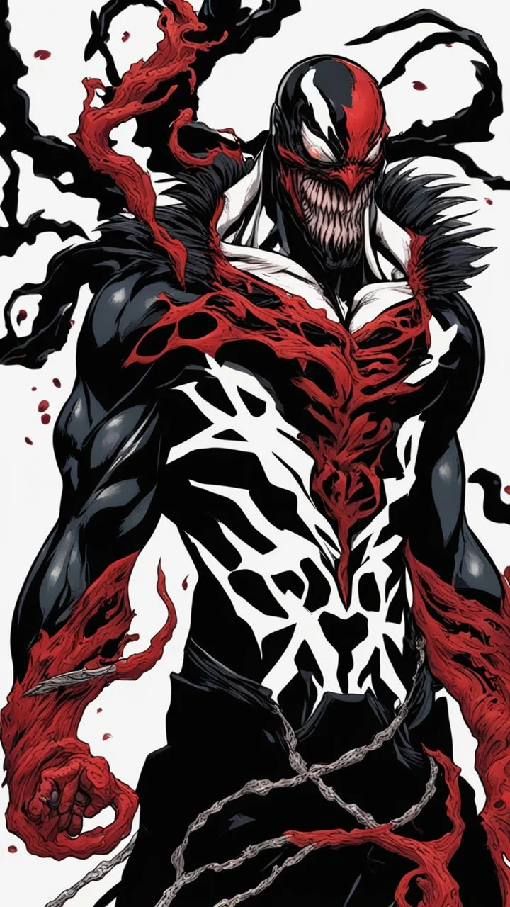 A close picture of Venom symbiote with kratos red tattoos and Clothes, holding blade of choice