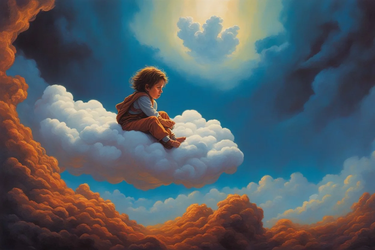 A child having a nightmare floating on a cloud painted by Michael Whelan. concept art, mid shot, intricately detailed, color depth, dramatic, 2/3 face angle, side light, colorful background