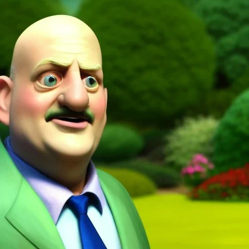 pixar style, volumetric summer garden environment and background, realistic painting of cute Jim Cramer, looking excited, detailed digital painting, extreme dense and fine fur, anime, ornate, colour-washed colors, elegant, small minutiae, tiny features, particulars, centered, smooth, sharp focus, renderman gofur render, 8k, uhd, detailed eyes, realistic shaded volumetric lighting, sunlight caustics, backlight, centered camera view