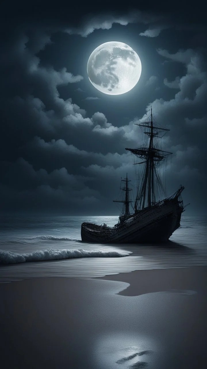 Moonlight on the shore with sinking ship