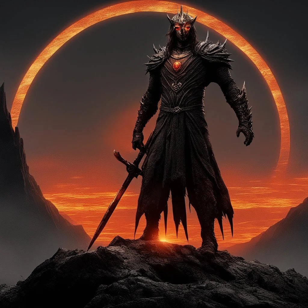 Sauron, the mighty lord of darkness, standing on a rock in the dark land of Mordor, a super-hero man of infinite power and technology of the galactic race, with a great army, a large moon disk behind him, and a fiery sword in his hand