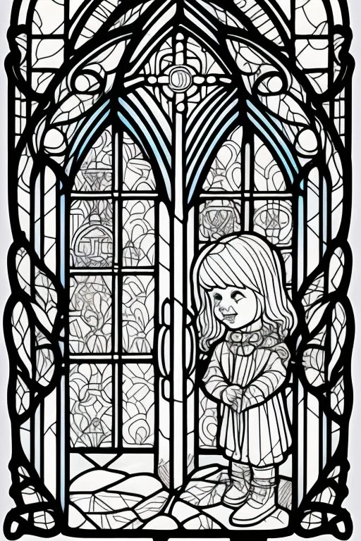 kids coloring page, stained glass church windows, cartoon style, thick lines, low detail, no shading