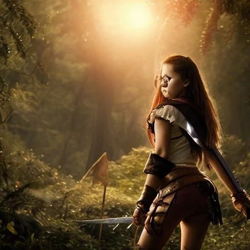 realistic, young spanish pirate girl with a short sword fighing a giant metal monster with blood. in the forest. 3k, cinematic, gloom lights