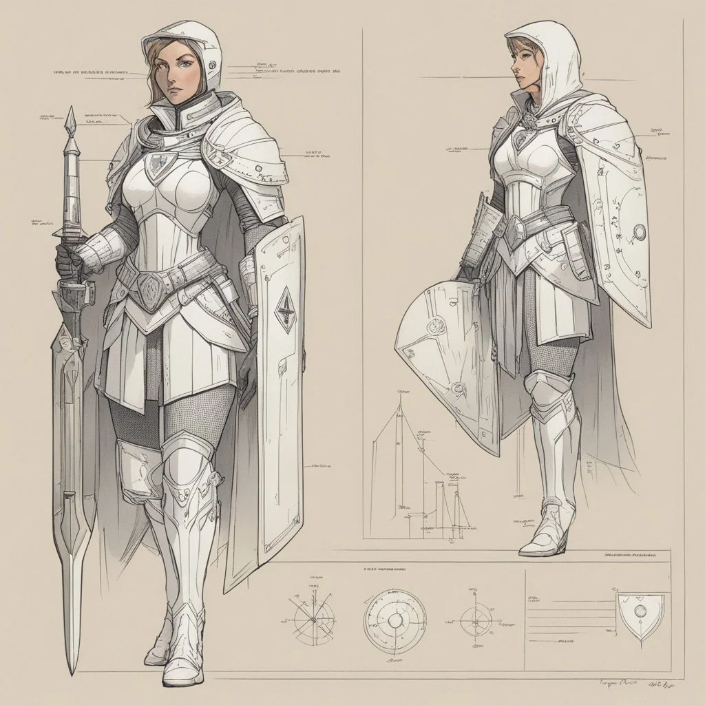 ConceptSheet: woman paladin and her shield with statistics [by Moebius]