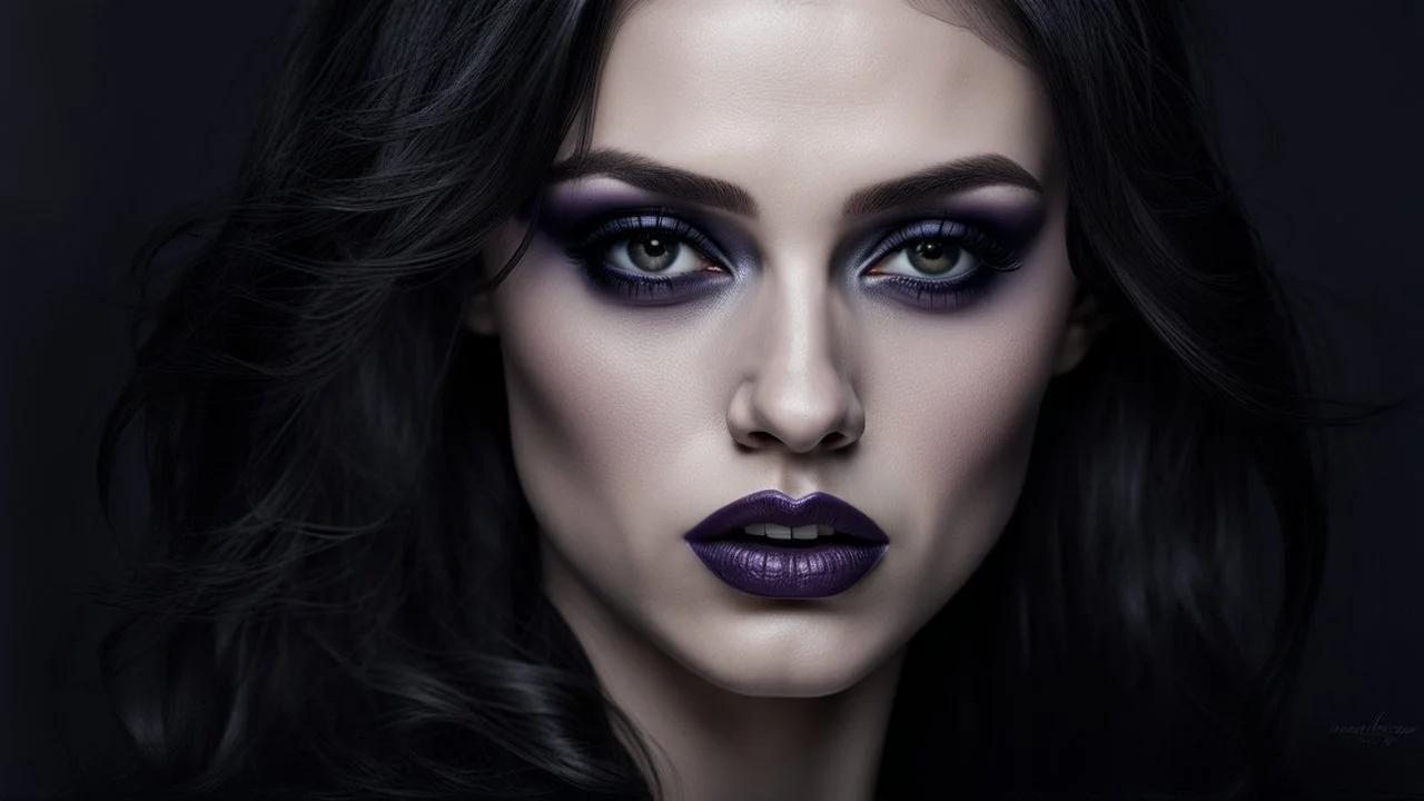 average female face, around 28 years old, dark hair, non-model face, close-up female portrait, half face, oblique plane, goth style, pale face, dark eyes, reflection in her eye, suggestive image, dark mode, only dark colors, black, dark purple, dark gray, silver, dark blue, blurred dark background, 16:9 size, artistic, dark night, creepy vibe, goth mood, raven, dark colors, shadow, mystic theme
