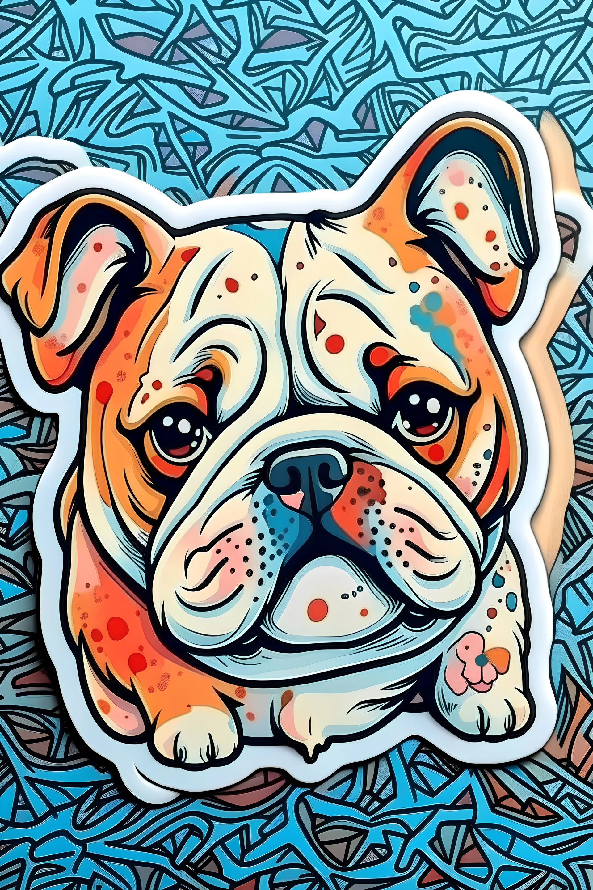 an adorable sticker of adorable bull dog illustration| colorful background, ceramic, detaild everything, 8k, high quality, --niji 5