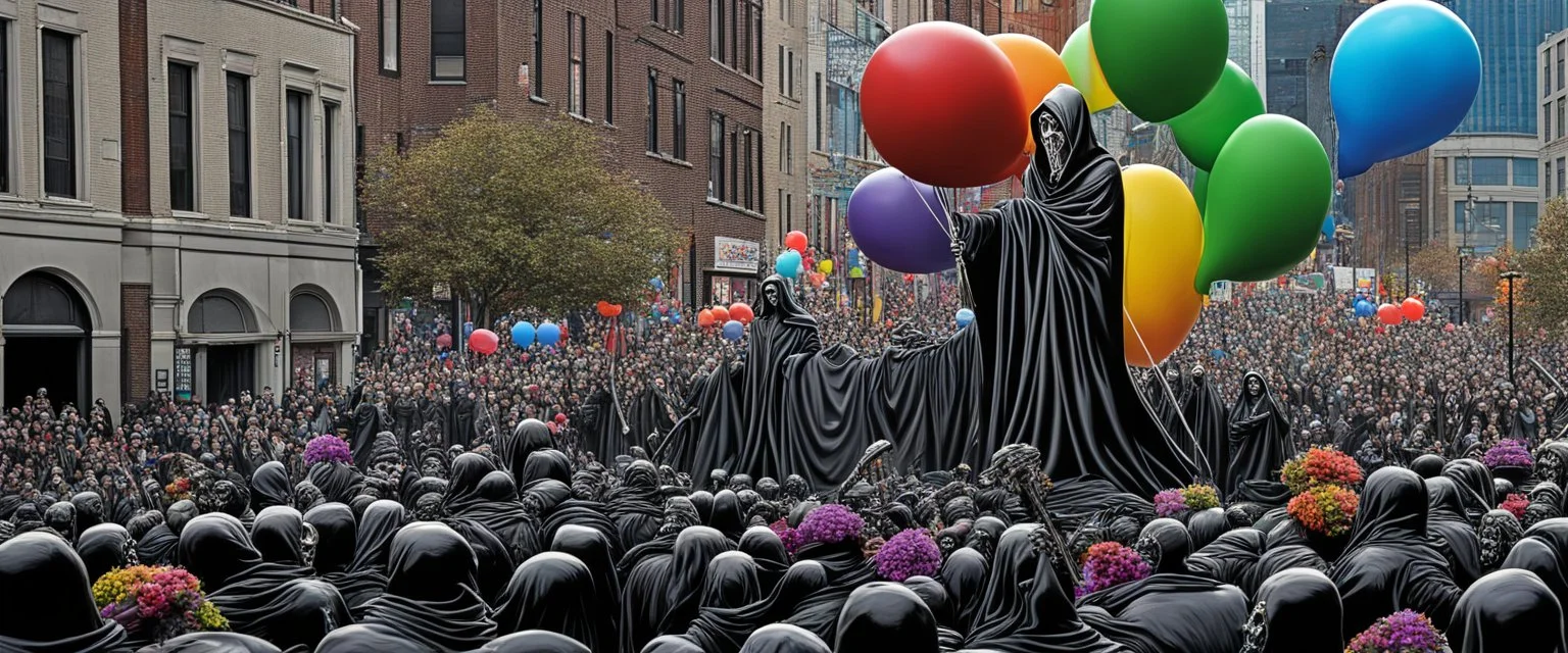 200 ft tall floating cartoonish jesus parade balloon pulled by multiple grim reapers, multi colored, bright, vivid, psychedelic, high detailed, high gloss, insanely detailed, matte, horrorcore, lining the street, unsettling contrast, monument to death, live action shot grim reaper parade, pulling a jesus parade float