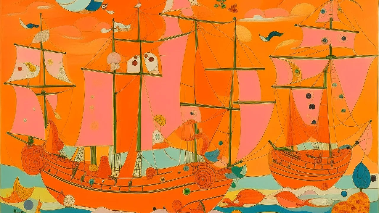 A light rosy orange colored bay with pirate ships and crystals designed in German folk art painted by Alexej von Jawlensky