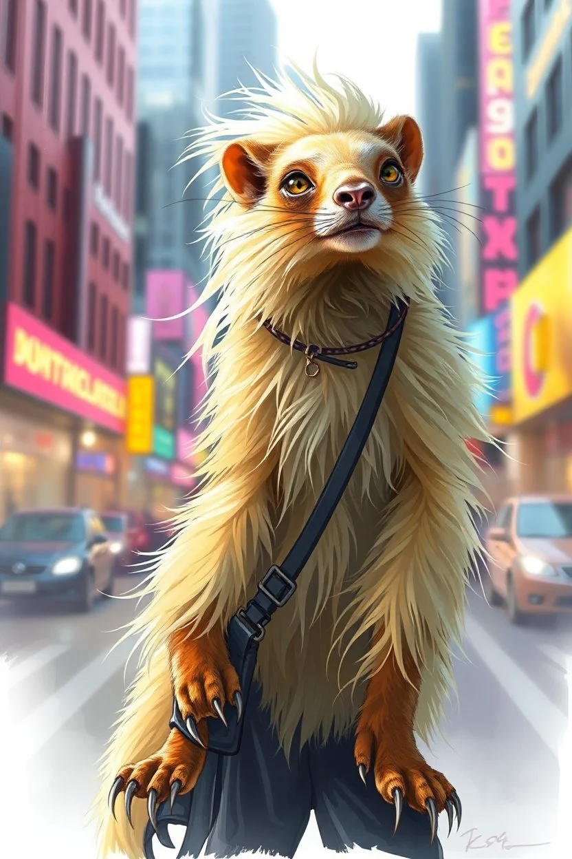 transparent sleek weasel rasta man with cute fur, in big cyberpunk city crossover, volume light and motion blur, airbrush and pen outline