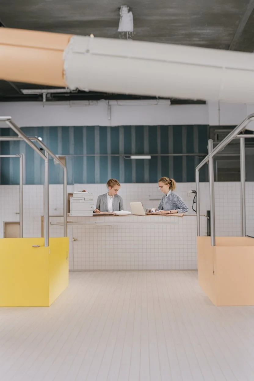 girl with messy bun working on a desk. wes anderson.