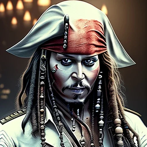 captain jack sparrow, dark, disturbed expression, 12k, ultra high definition, finely tuned detail, unreal engine 5, octane render, ultra realistic face, detailed make-up, detailed hair, use dynamic palette, accurate proportions, high contrast, black smokey bokeh background