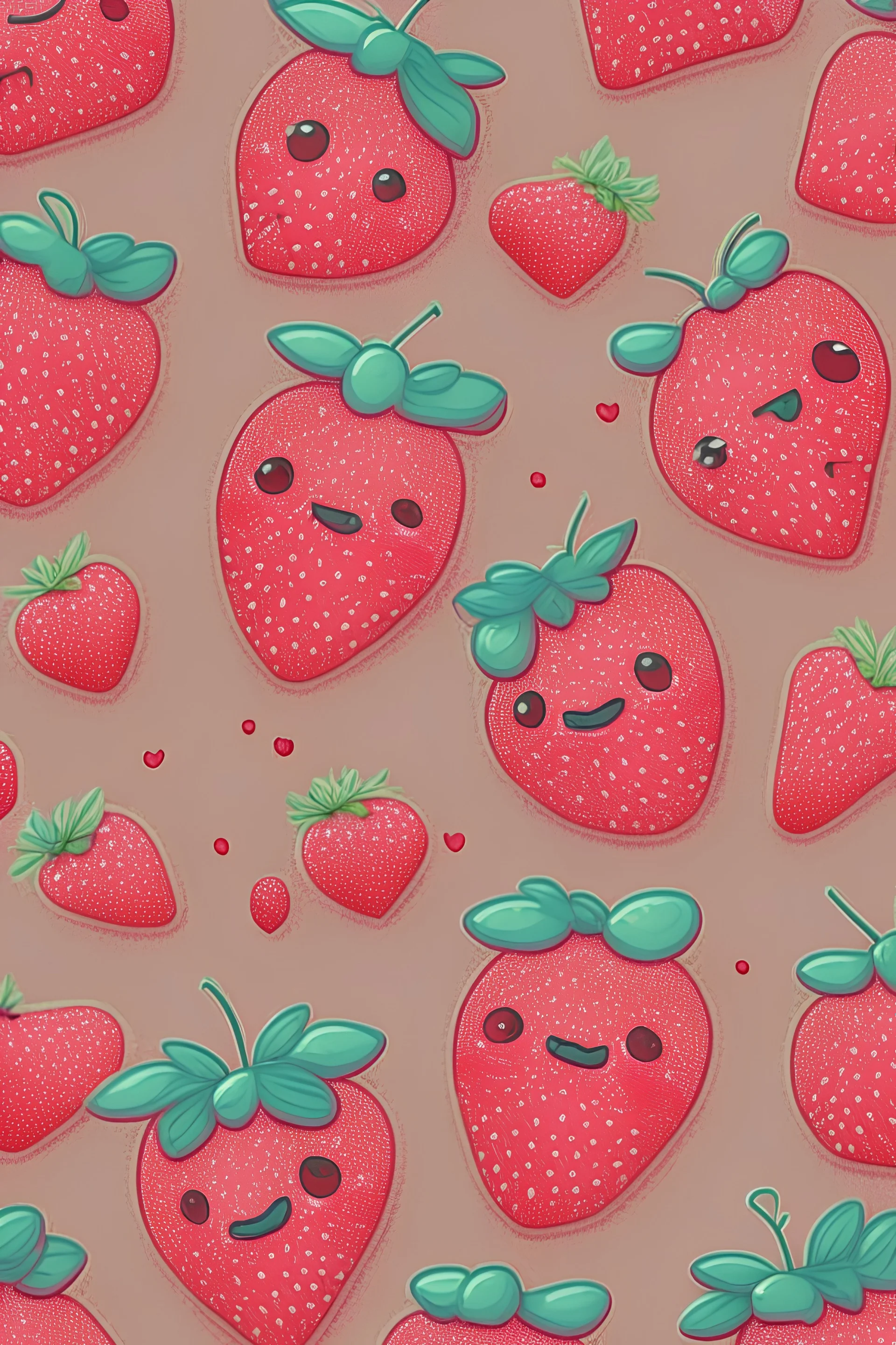 small and cute detailed strawberries with emotions, red and pink colors, pattern