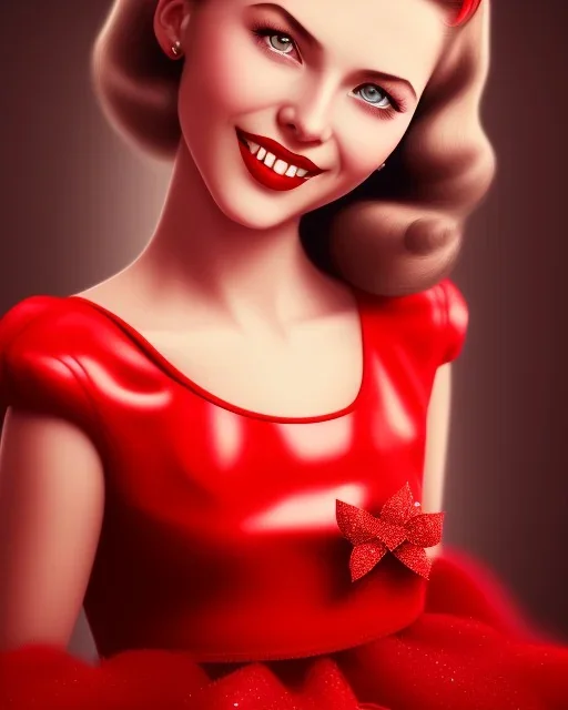 girl in red dress, close up portrait, Christmas, smiling, cute, beautiful, 1940s