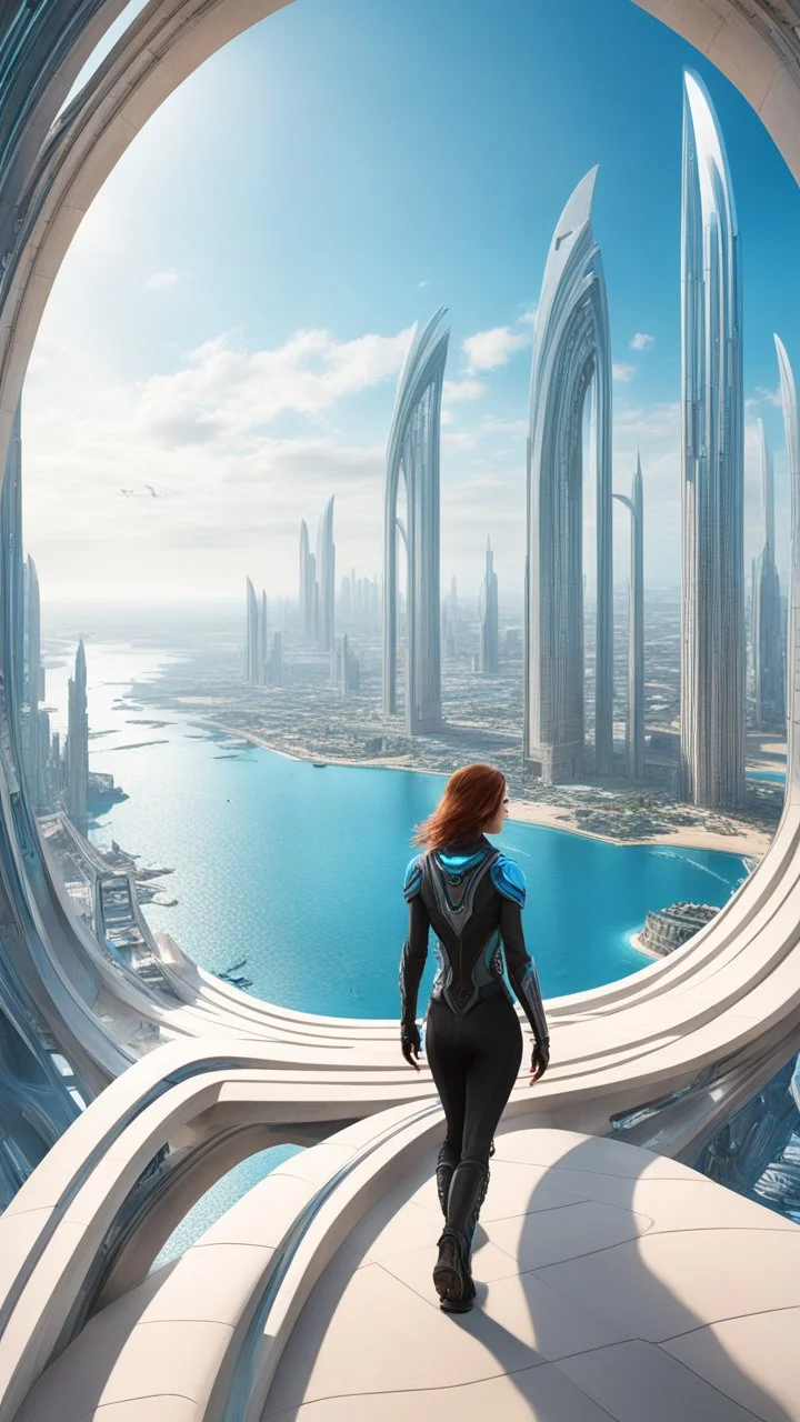 Woman looking down on a futuristic sci-fi city, with arches, skyscrapers, and arches, following the long curve of a long sandy bay with futuristic piers stretching out into the blue waters