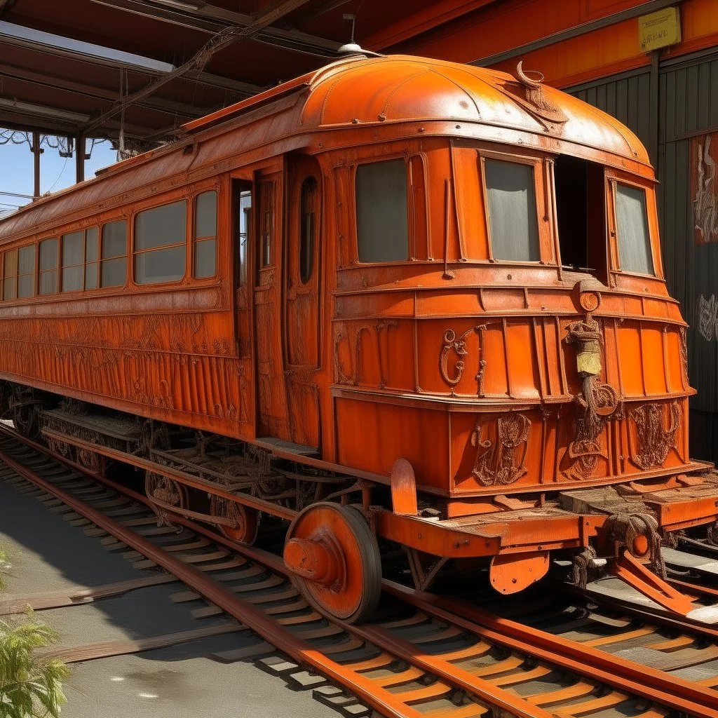 An orange colored rusty carnival covered in oil painted by Frank Lloyd Wright