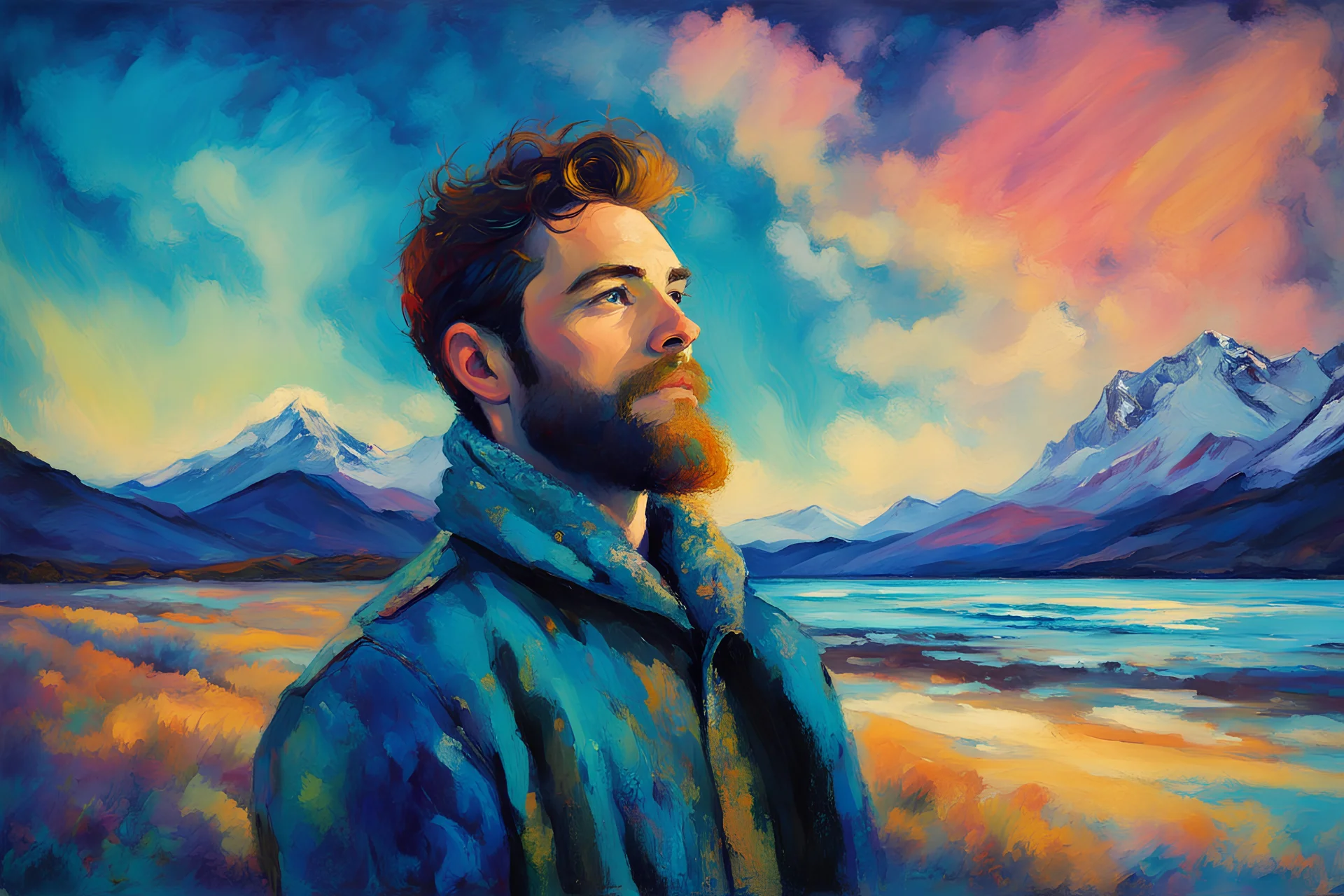 John Lowrie Morrison oil painting tufting tapestry high quality double-exposure photo handsome young beard ACTOR, wears Joe Casely-Hayford hipster fashion, artistically blended with a Icelandic Dawn Aurora Borealis mountain beach landscape, austrian symbolism, double exposure, (illusion:1.2), mixture, (blue background:1.2), foreground clouds, (digital art:1.3), make up, impasto art style