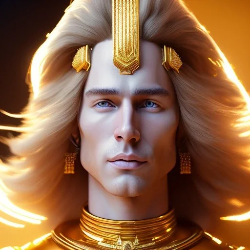 beautiful cosmic golden male, long hair, nice smiling, delicate colors, beautiful glamour galactic golden dress, ultra sharp focus, 8k, unreal engine 5, extremely sharp detail, light effect, soft light atmosphere of a spaceship, smooth, full of details, face in front, complete vision of face and body