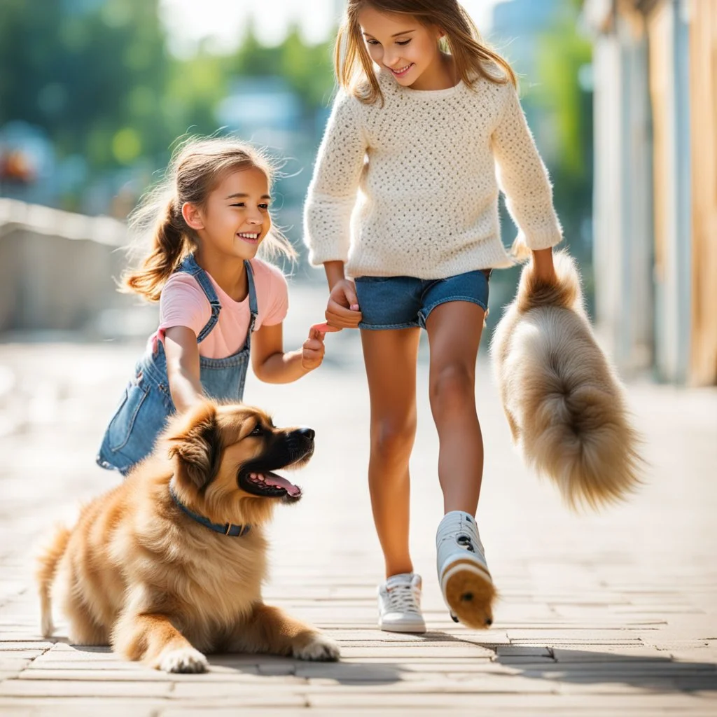 very beautiful realistic 10 years old girl playing with a furry Dog