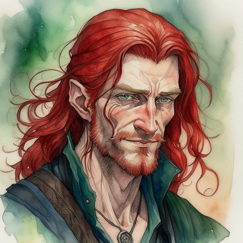 dnd, fantasy, watercolour, large strokes, stylistic, portrait, illustration, dull colours, male, face, narrow long face, weathered face, green eyes, determined, smiling, red hair, very long hair streaming down the shoulders, lush hair, radiating light, five o'clock shadow, elegant, short small mouth, wide smile