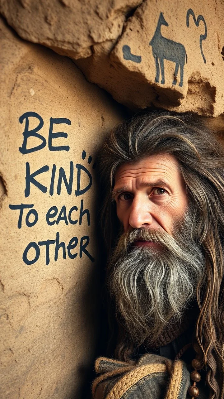 A hand writing On cave wall written “BE KIND “ “ TO EACH OTHER “ , an old man with bear and king hair , a dim lighting great quality picture with primitive style