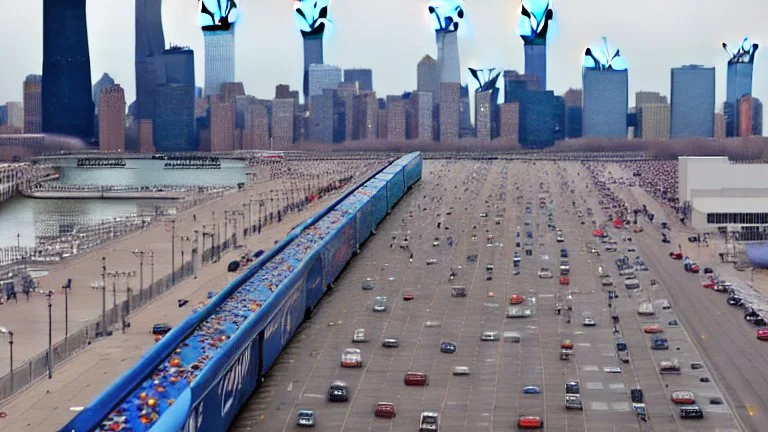 A Tesla semi-truck is racing at top speed, on the Navy Pier, in Chicago. CINEMATIC. WIDE ANGLE LENS. PHOTO REAL.